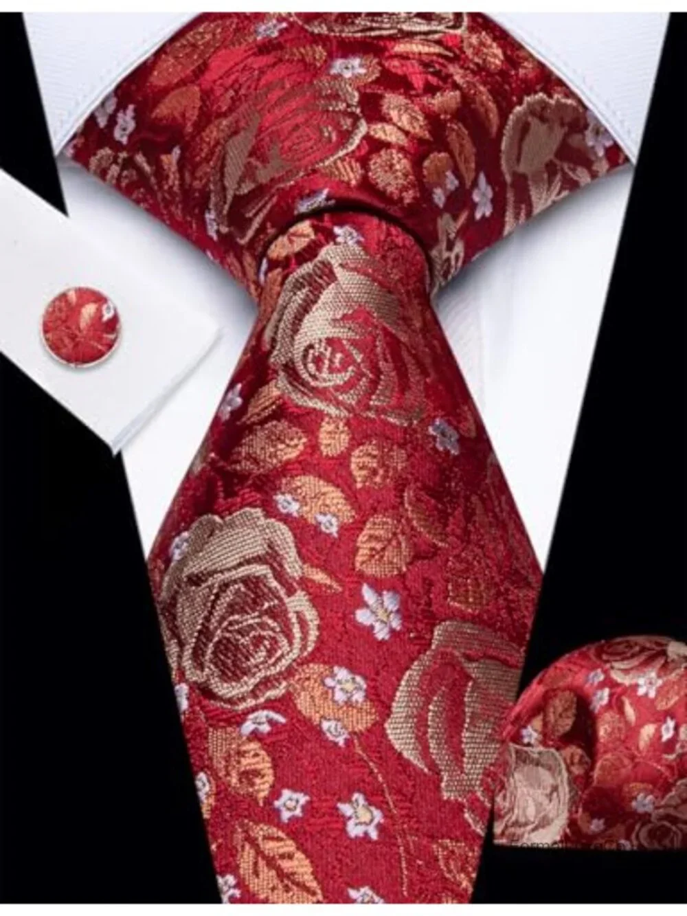 Mens Silk Floral Necktie Set with Pocket Square, Cufflinks & Tie Clip